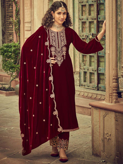 Maroon Embroidered Velvet Kurta with Dupatta Set