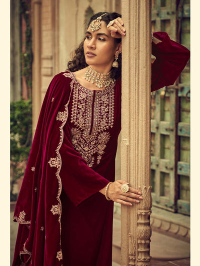 Maroon Embroidered Velvet Kurta with Dupatta Set