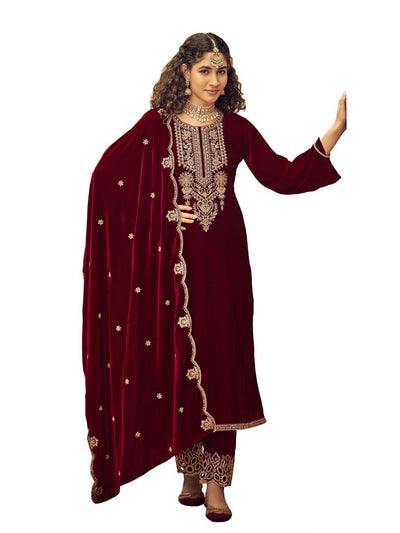 Maroon Embroidered Velvet Kurta with Dupatta Set