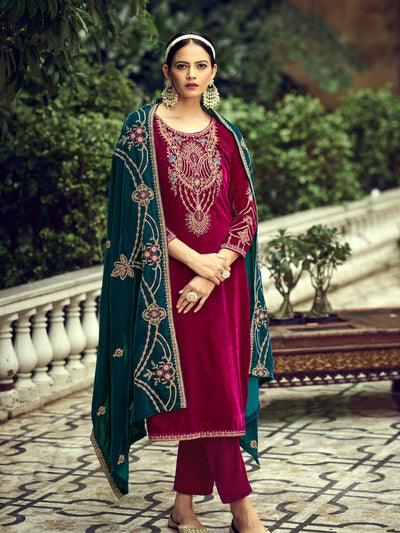 Magenta Embroidered Velvet Kurta with Dupatta Set