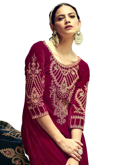 Magenta Embroidered Velvet Kurta with Dupatta Set