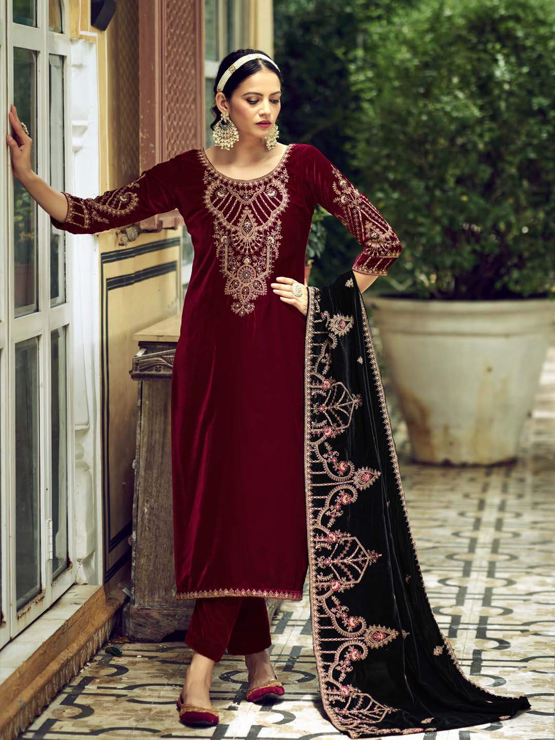 Magenta Embroidered Velvet Kurta with Dupatta Set