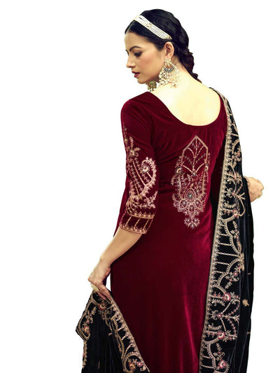 Magenta Embroidered Velvet Kurta with Dupatta Set