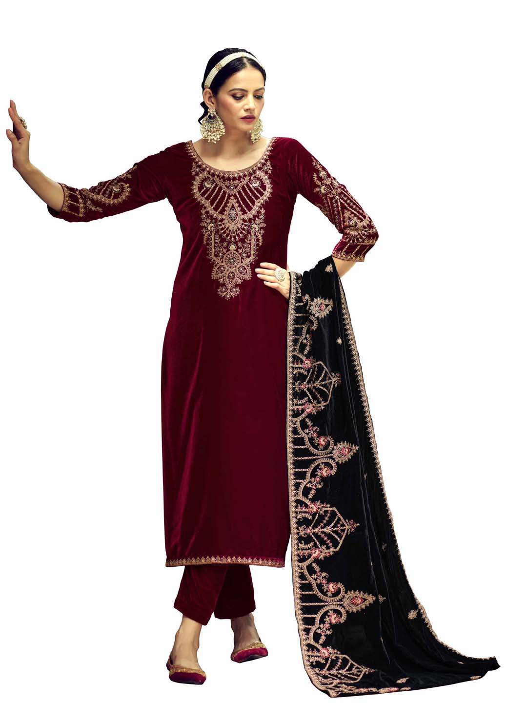 Magenta Embroidered Velvet Kurta with Dupatta Set
