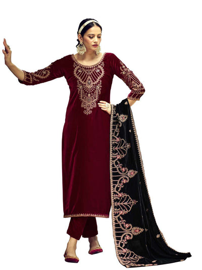 Magenta Embroidered Velvet Kurta with Dupatta Set