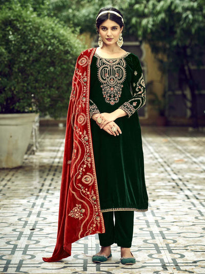 Bottle Green Embroidered Velvet Kurta with Dupatta Set