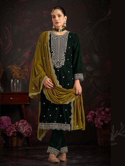 Bottle Green Embroidered Velvet Kurta with Dupatta Set