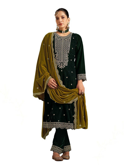 Bottle Green Embroidered Velvet Kurta with Dupatta Set