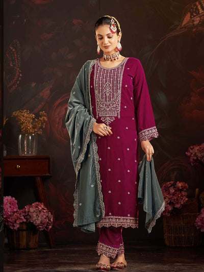 Magenta Embroidered Velvet Kurta with Dupatta Set