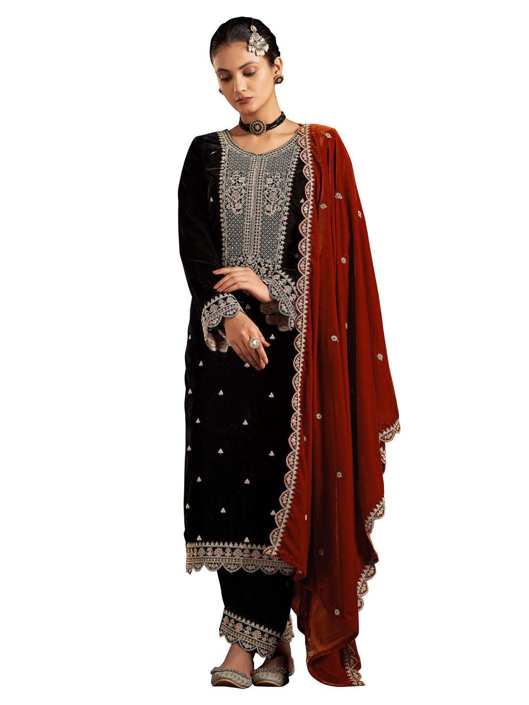 Black Embroidered Velvet Kurta with Dupatta Set