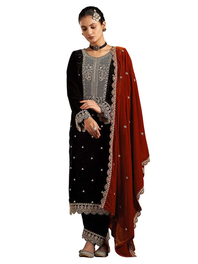 Black Embroidered Velvet Kurta with Dupatta Set