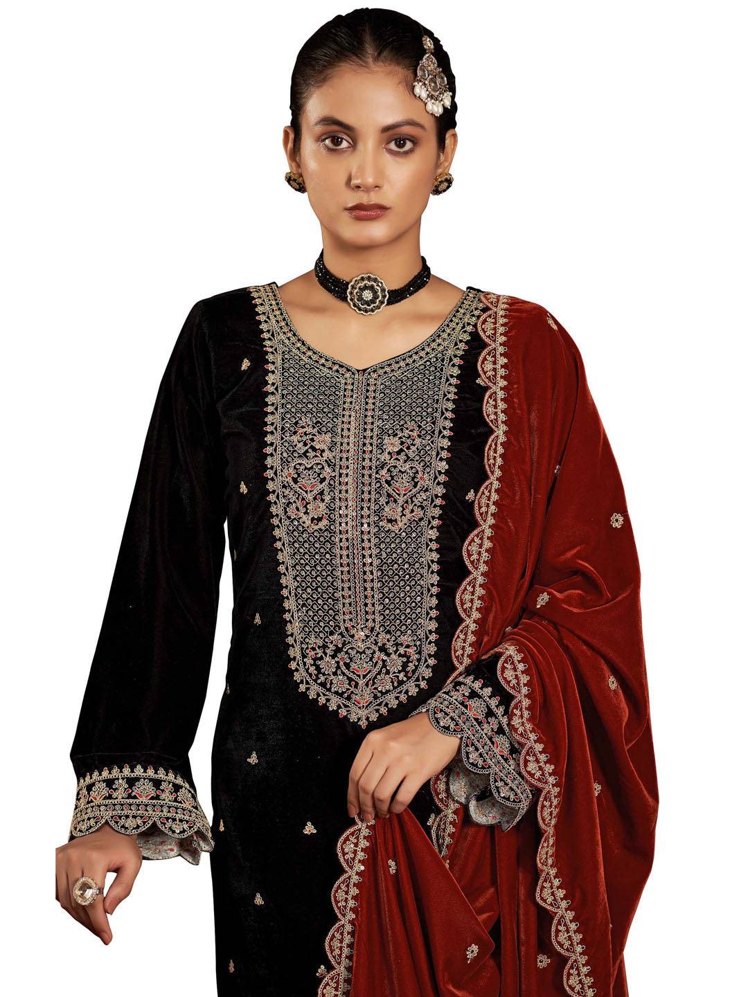 Black Embroidered Velvet Kurta with Dupatta Set