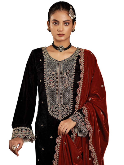 Black Embroidered Velvet Kurta with Dupatta Set