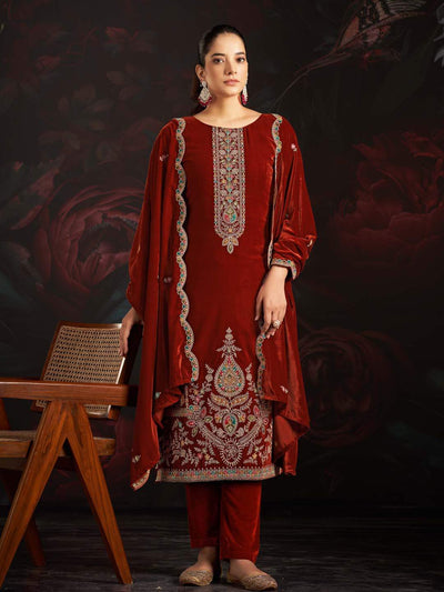 Maroon Embroidered Velvet Kurta with Dupatta Set