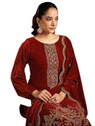 Maroon Embroidered Velvet Kurta with Dupatta Set