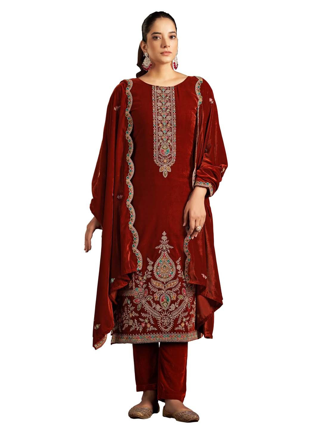 Maroon Embroidered Velvet Kurta with Dupatta Set