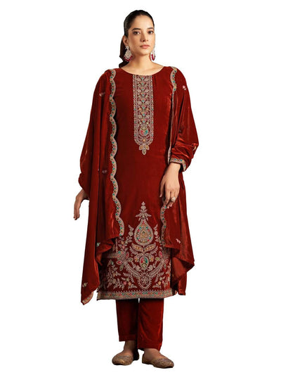 Maroon Embroidered Velvet Kurta with Dupatta Set