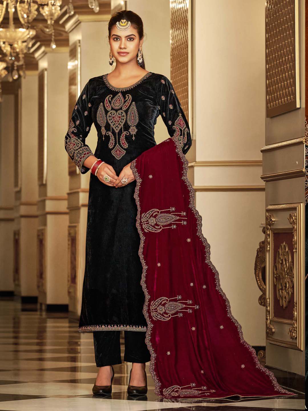 Black Embroidered Velvet Kurta with Dupatta Set