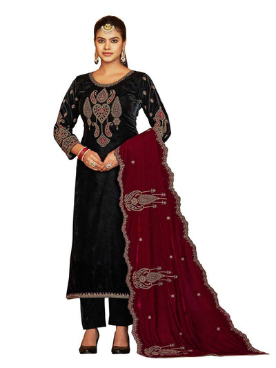 Black Embroidered Velvet Kurta with Dupatta Set