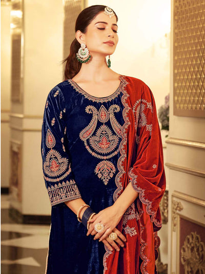 Magenta Embroidered Velvet Kurta with Dupatta Set