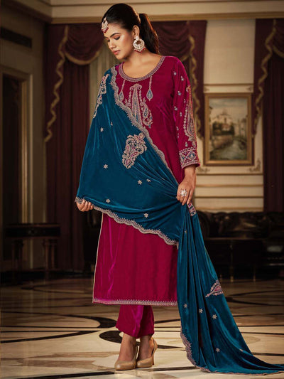 Magenta Embroidered Velvet Kurta with Dupatta Set