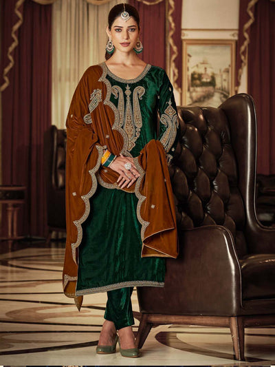 Bottle Green Embroidered Velvet Kurta with Dupatta Set