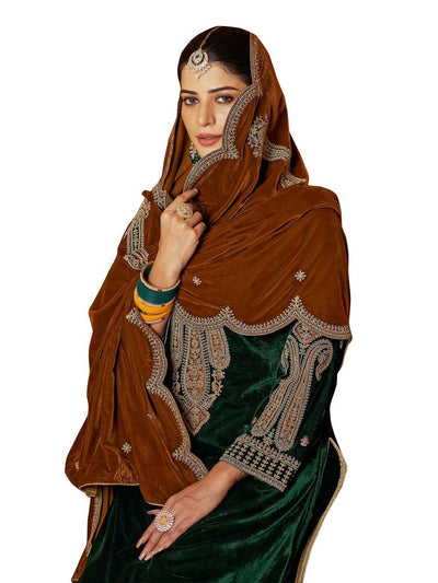 Bottle Green Embroidered Velvet Kurta with Dupatta Set