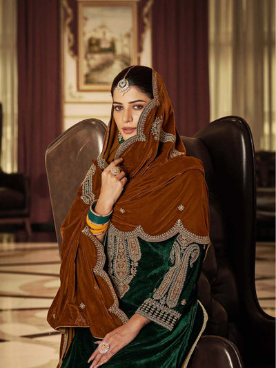 Bottle Green Embroidered Velvet Kurta with Dupatta Set