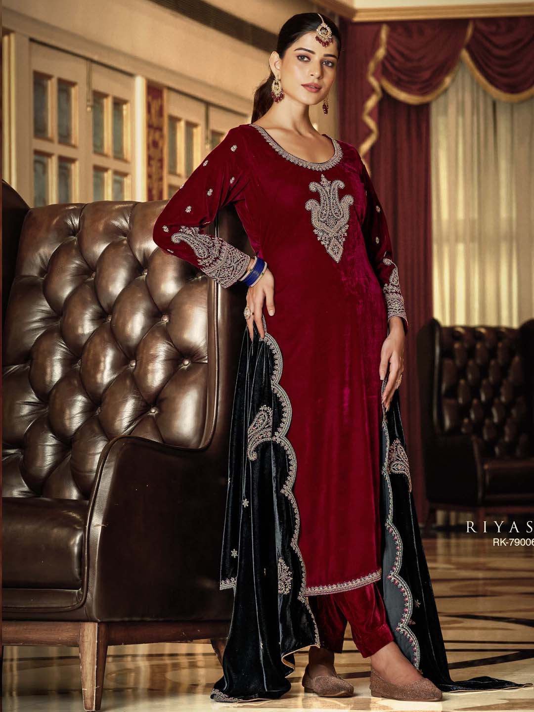 Maroon Embroidered Velvet Kurta with Dupatta Set
