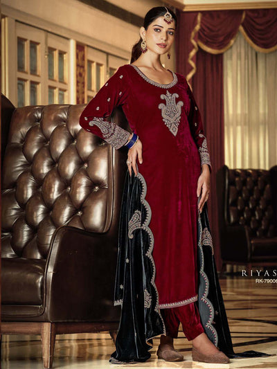 Maroon Embroidered Velvet Kurta with Dupatta Set