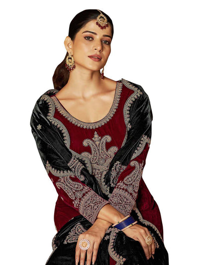 Maroon Embroidered Velvet Kurta with Dupatta Set