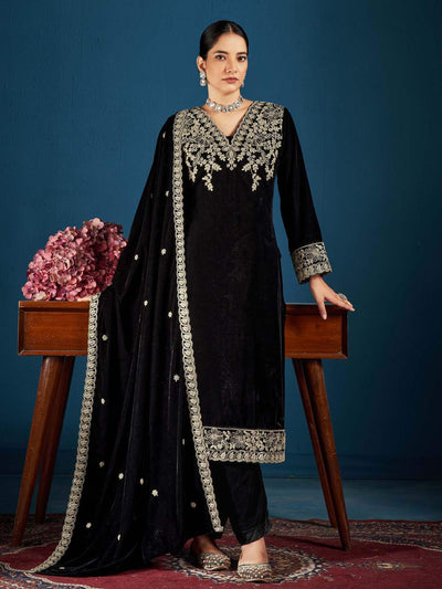 Black Embroidered Velvet Kurta with Dupatta Set