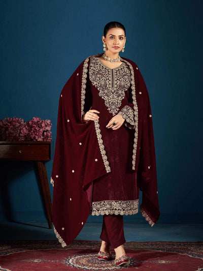 Maroon Embroidered Velvet Kurta with Dupatta Set