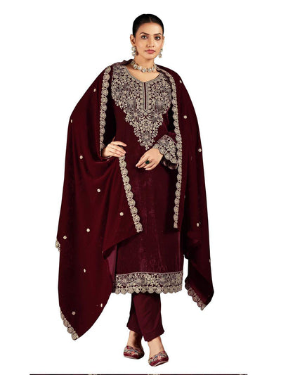 Maroon Embroidered Velvet Kurta with Dupatta Set
