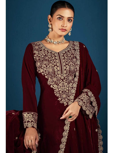 Maroon Embroidered Velvet Kurta with Dupatta Set