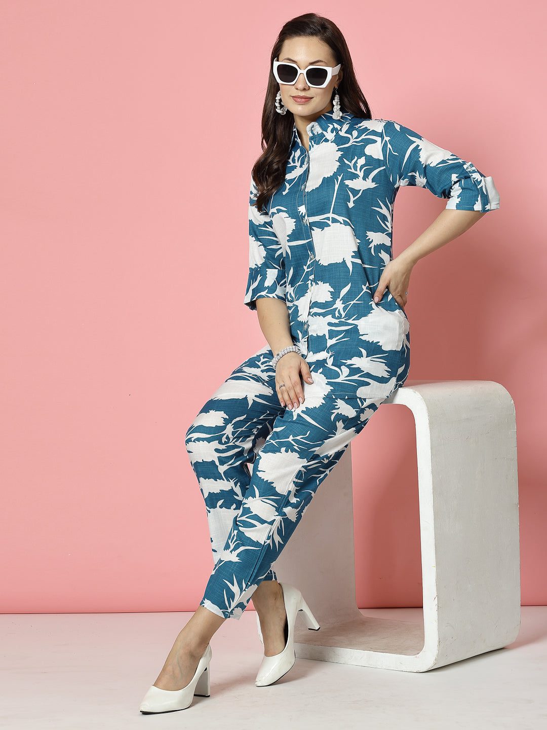 Abstract printed shirt and trouser co-ords with three-quarter sleeves and elastic waistband.