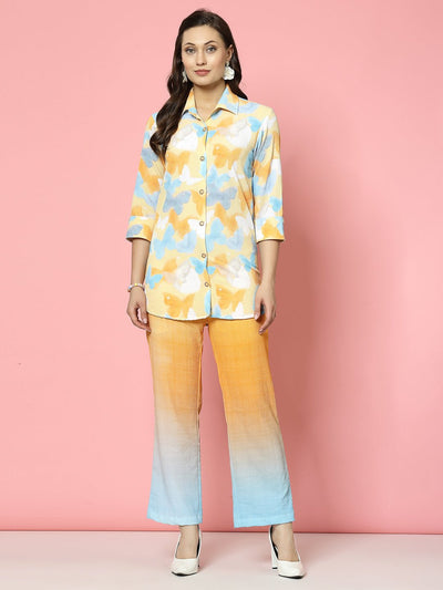 Printed shirt with three-quarter sleeves and ombre effect trousers co-ords set.