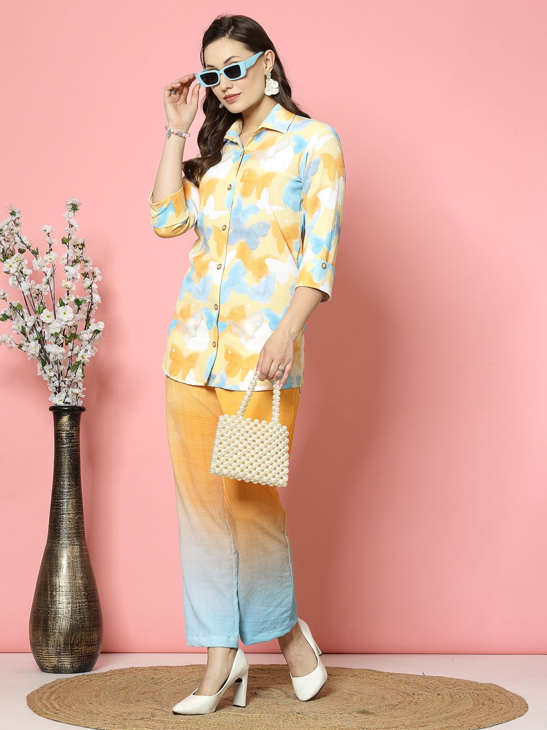 Printed shirt and trouser co-ords set with three-quarter sleeves and ombre effect.