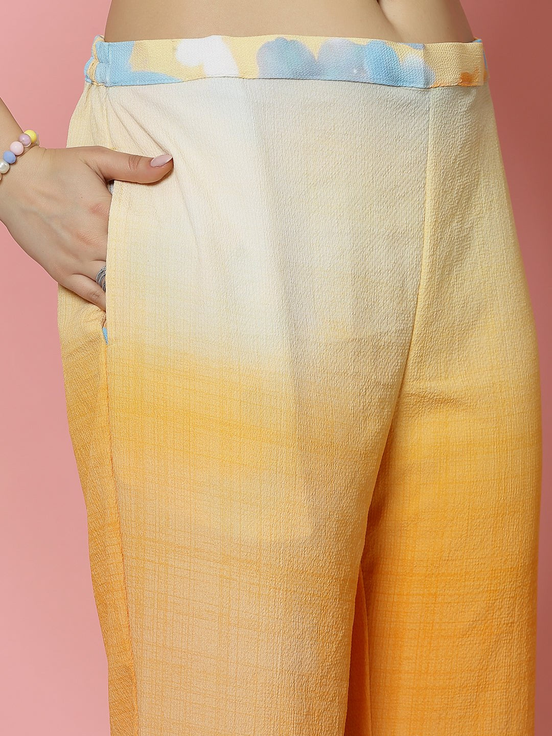 Printed shirt and ombre trousers co-ords set with three-quarter sleeves and elastic waistband.