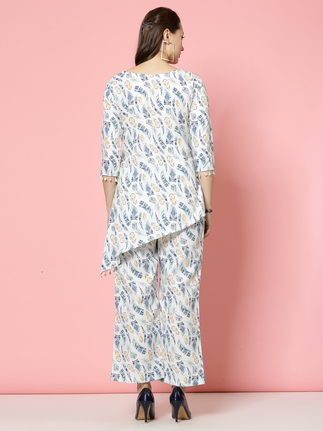 Printed high low cotton kurti with palazzo set, off-white and blue, three-quarter sleeves.