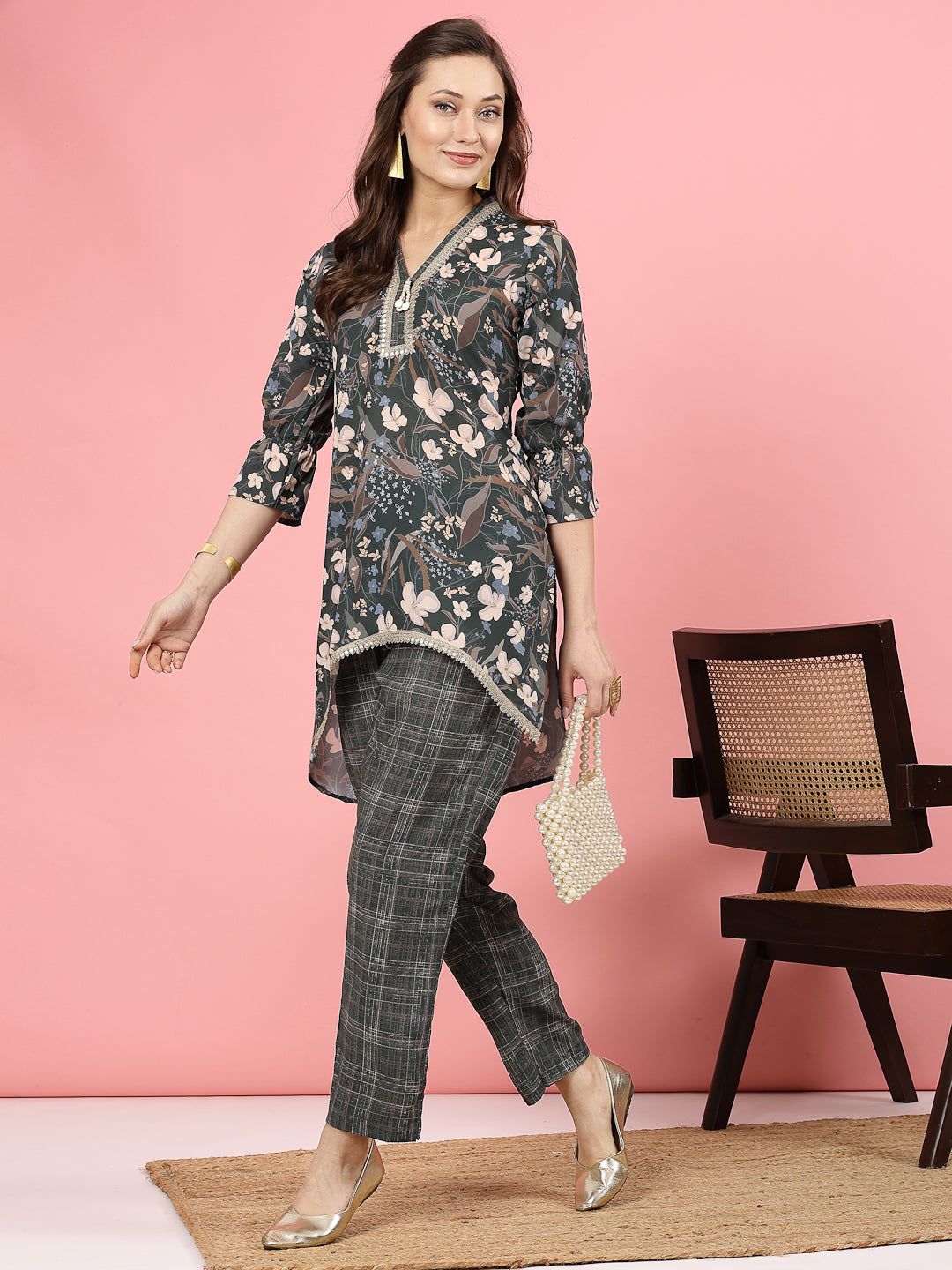 Bottle Green Geometric Printed Tunic Top with Trousers Co-Ords, V-collar, three-quarter sleeves.