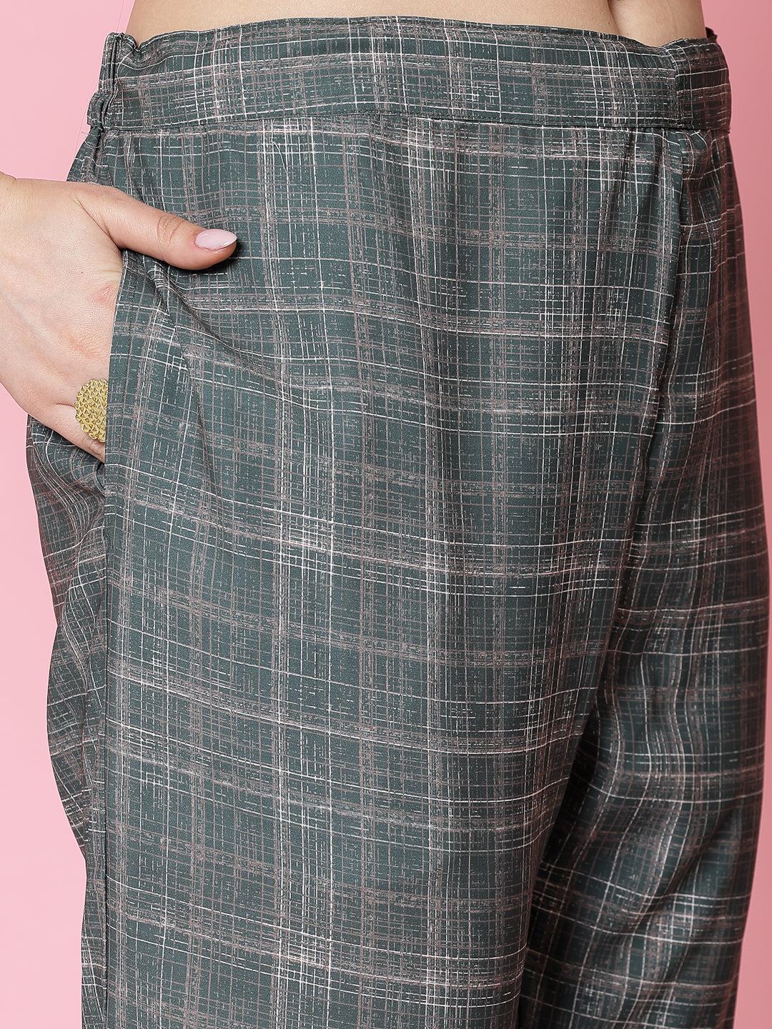 Bottle Green Geometric Printed Tunic Top with Trousers, overlap V collar, three-quarter sleeves, elasticated waistband.