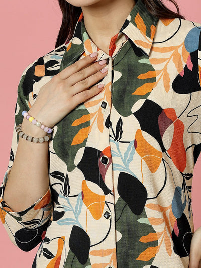 Floral digital printed shirt with three-quarter sleeves and colorful pattern.