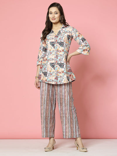 Peach Paisley Printed Tunic Top with Trousers Co-Ord Set featuring three-quarter sleeves and shirt collar.