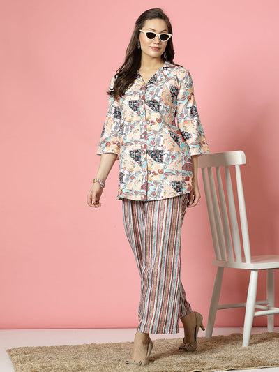 Peach Paisley Printed Tunic Top with Trousers Co-Ords featuring three-quarter sleeves and shirt collar.