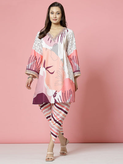 Abstract Printed Tunic with Dhoti Co-Ords, Peach Tunic with Long Sleeves and Embellished V-Neck, Geometric Pattern Dhoti.