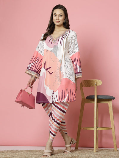 Abstract printed V-neck kurta with long sleeves and peach striped dhoti pants set.