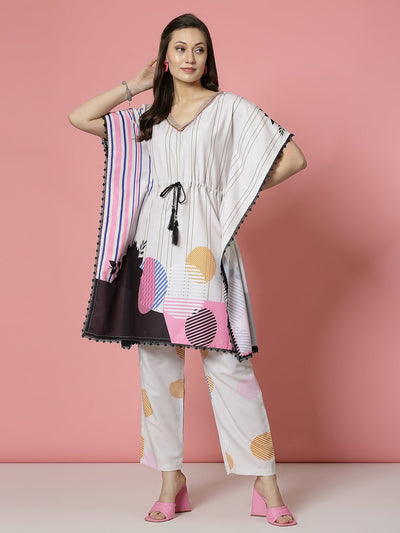Off-White Printed Kaftan with Trousers Co-Ords, V-neck, embellished, waist tie-ups, straight-fit trousers.
