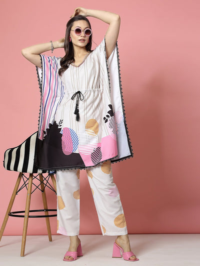 Off-White Printed Kaftan with embellished V-neck and matching trousers.