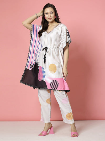 Off-white printed kaftan with trousers set, V-neck, waist tie-ups, straight fit trousers.